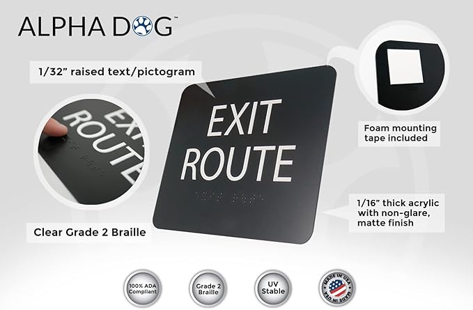 ALPHA DOG ADA SIGNS - Exit Route Sign with Braille for Your Business, 5x6 Inch, ADA Compliant, Indoor or Outdoor, Easy Installation, Made in the USA, Black