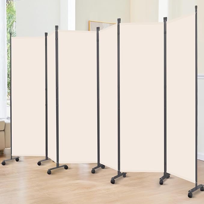 Room Divider 6FT Room Partition with Lockable Wheels, (Thicked Metal Base) Room Dividers, Freestanding Indoor Folding Privacy Screens, Portable Fabric Wall Divider for (Beige, 132"- 6 Panel)