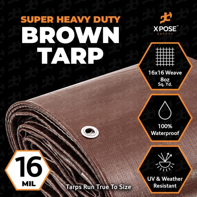 12' x 40' Super Heavy Duty 16 Mil Brown Poly Tarp Cover - Thick Waterproof, UV Resistant, Rip and Tear Proof Tarpaulin with Grommets and Reinforced Edges - by Xpose Safety