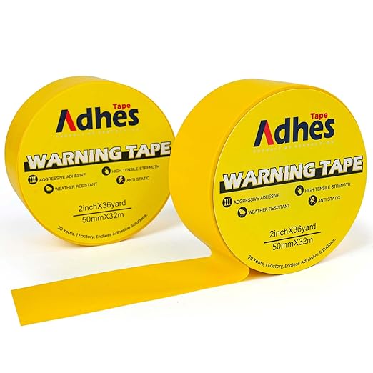 ADHES Yellow Hazard Warning Safety Tape, 2 Inch x 35 Yards x 2 Rolls High Visibility Wear Resistant Floor Marking Caution Tape for Indoor & Outdoor, Gym, Factory, Parking, School and More