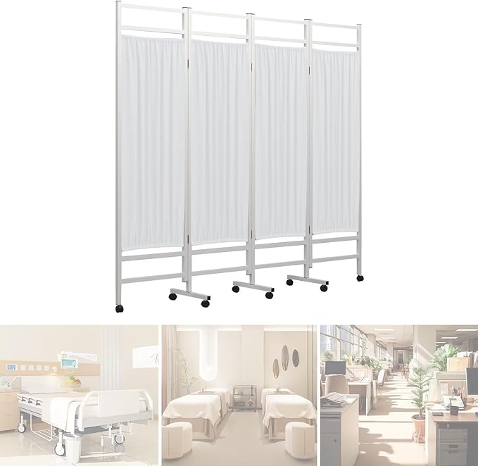 Medical Privacy Screen on Wheels, Foldable Medical Room Divider with Lockable casters, Waterproof Nylon Panel, Portable Privacy Screen for Room, Easy to Clean (White 4 Panels)