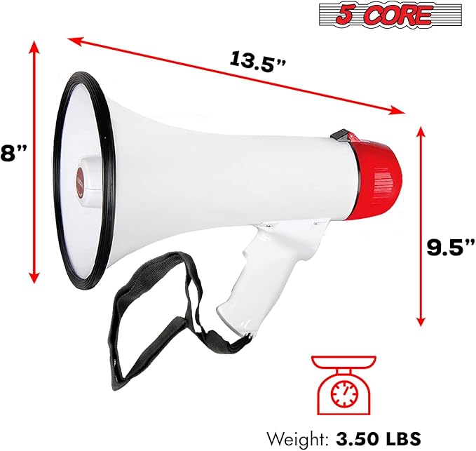 5 CORE 40W Megaphone Bullhorn Cheer Bull Horn Speaker Rechargeable Megaphono 1000 Yard Range Siren Recording USB SD Card AUX Detachable Microphone for Cheerleading, Football, Safety Drills