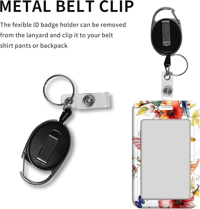 ID Badge Holder with Retractable Lanyard for Women & Men,Vertical ID Card Holder Wallet,Clear Window&Card Slot,Detachable Neck Strap for Nurse Teacher Office,Hummingbirds Floral Watercolor