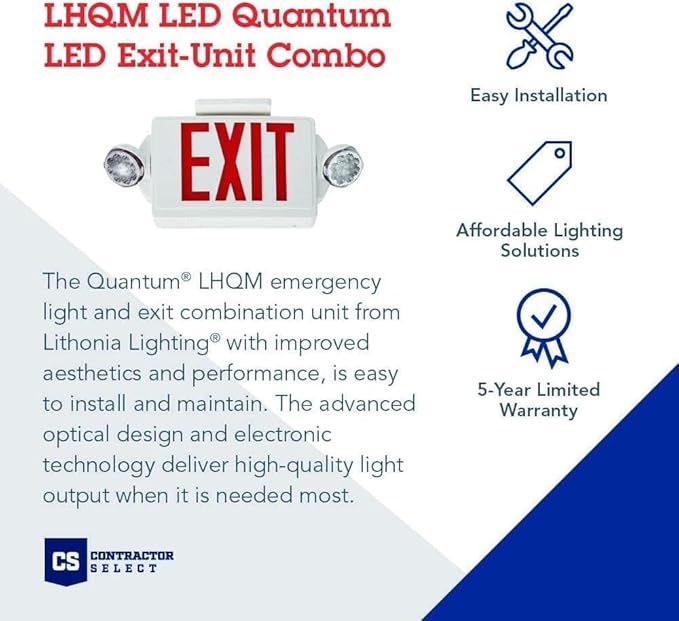 Lithonia Lighting Quantum LED Exit Sign/Emergency Light Combo, Exit Sign and Emergency Lights for Business, 2-Head Fixture, Red Letters, High Output Battery Backup, White (LHQM LED R HO M6)