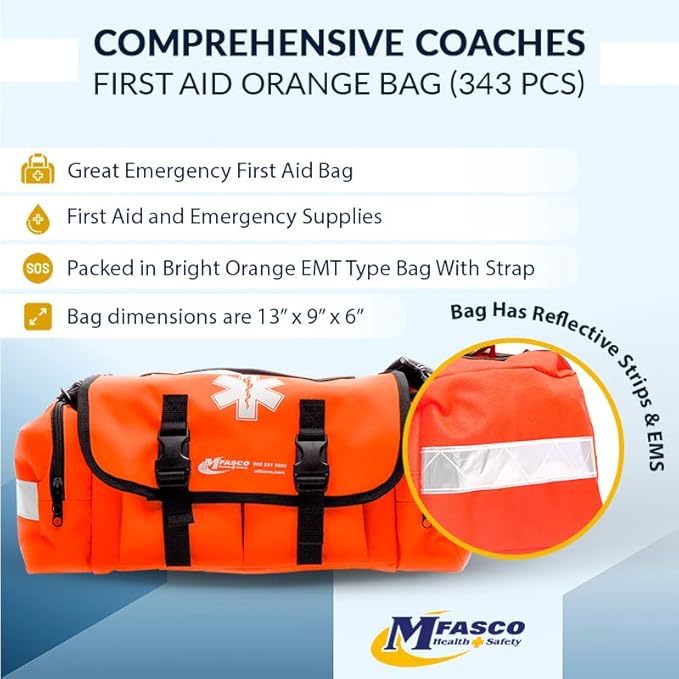 MFASCO Sports First Aid Kit Bag – 326-Piece Athletic Medical Kit in Orange EMT Bag, Coach's First Aid Kit for Youth Sports, Soccer, Football, Emergency Sports Kit Supplies for Athlete Sports Injuries