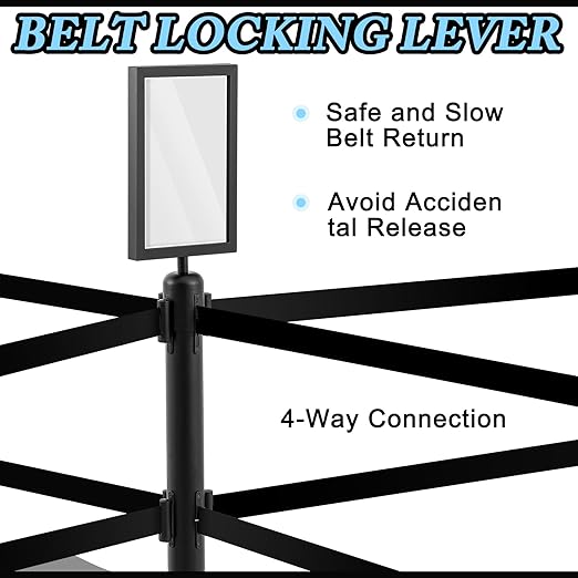 Therwen 6 Pcs Double Retractable Belt Barrier with Stanchion Dual Retractable Safety Belt Heavy Duty Crowd Control Stanchions Stainless Steel Post Holder Safety Barrier Stand (16.4 ft,Black)