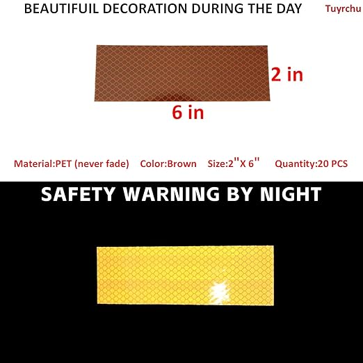 Non Fading Brown Reflective Stickers 2 inch X 6 inch, Outdoor Waterproof High Visibility Warning Safety Adhesive Reflector Tape (20 Pcs)