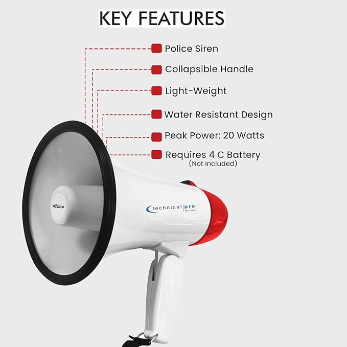 Technical Pro 20 Watts Lightweight Portable 300M Range Megaphone Bullhorn with Strap, Siren, and Volume Control, Good for Trainers, Soccer, Football, Baseball, Coaches