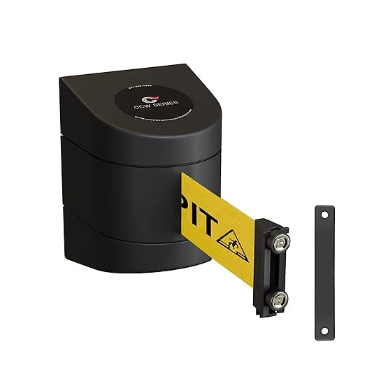 CCW Series WMB-230 Magnetic Wall Mount Retractable Belt Barrier (30 Foot Belt, Yellow with"Beware Open Pit" Black Letters Belt with Black ABS Case)