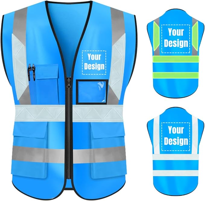 YOWESHOP High Visibility Safety Vest Custom Your Logo Protective Workwear 5 Pockets With Reflective Strips Outdoor Work Vest (M, Blue Luminous)