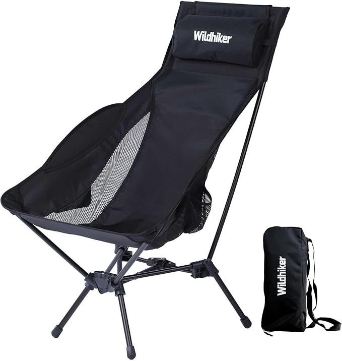Wildhiker Portable Compact Folding Camping Chairs – Lightweight High Back with Pillow, Deep Recline, ArmPads, Side Pockets-for Motorcycle, RV, Backpacking, Travel, Festival – Black