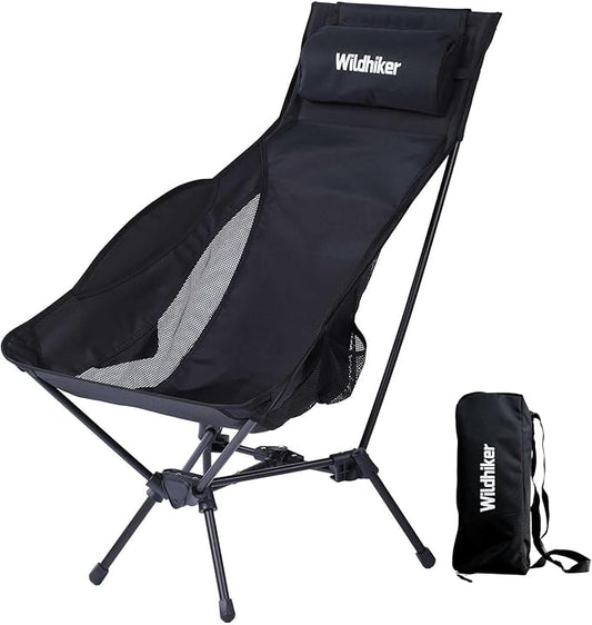 Wildhiker Portable Compact Folding Camping Chairs – Lightweight High Back with Pillow, Deep Recline, ArmPads, Side Pockets-for Motorcycle, RV, Backpacking, Travel, Festival – Black