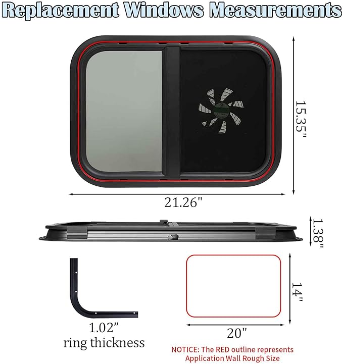 20"x14" RV Window with 12V Electric Fan - Horizontal Sliding Design, DOT Certified Tempered Glass, Aluminum Frame & Trim Kit