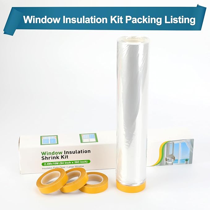 Window Insulation Kit for Winter, Plastic Window Covering 94 Inch Wide × 393 Inch Length with Double-Sided Tape, Insulates Patio Doors & Large Windows Winterizing, 1 Roll Clear