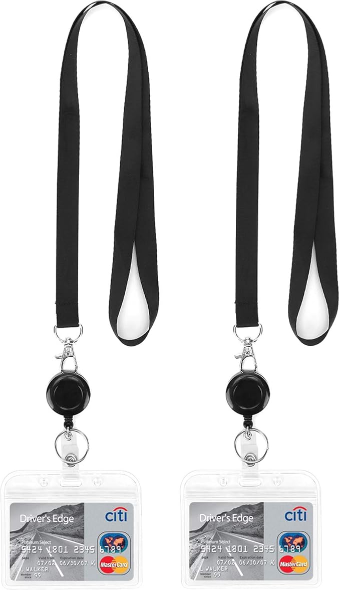 YOUOWO 2 Pack Lanyard with id Badge Holder Retractable Lanyard Black with Card Holders Horizontal Retractable Badges Reel Clip for Card Holders Waterproof with Lanyards