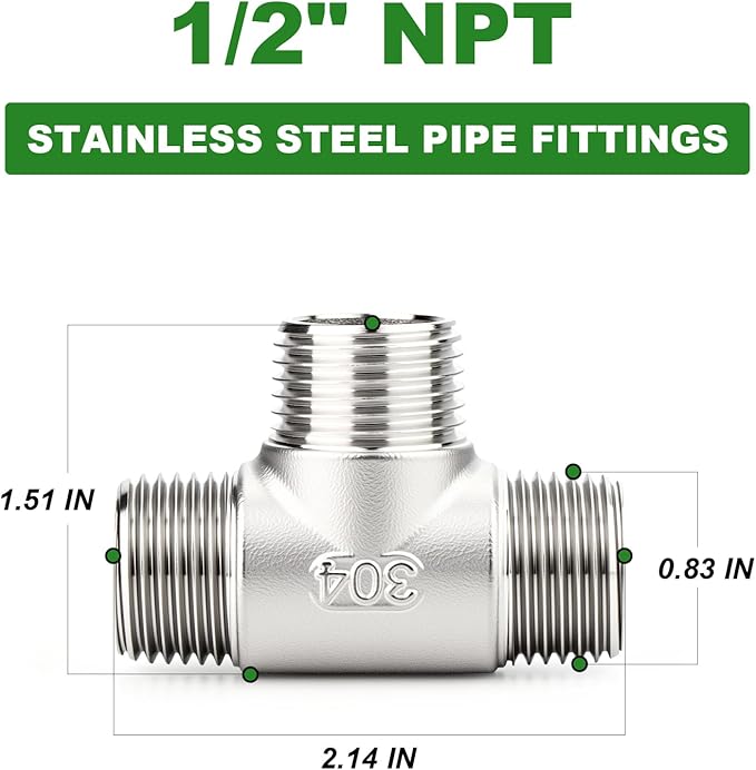 TAISHER 2PCS 304 Stainless Steel Tee Pipe Fittings, 1/2" x 1/2" x 1/2" NPT Male Pipe Fittings