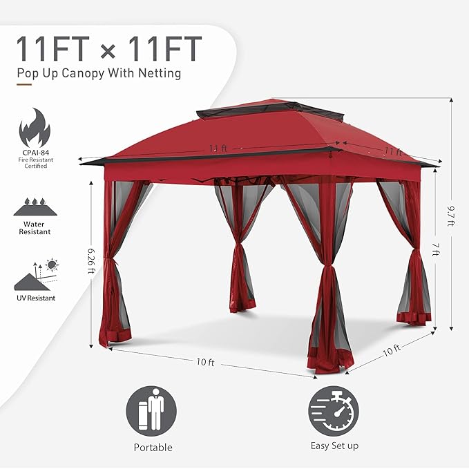 COOS BAY 11x11 Pop-Up Instant Gazebo Tent with Mosquito Netting Outdoor Canopy Shelter with 121 Square Feet of Shade (Red)