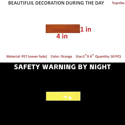 Non Fading Orange Reflective Stickers 1 inch X 4 inch, Outdoor Waterproof High Visibility Warning Safety Adhesive Reflector Tape (50 Pcs)