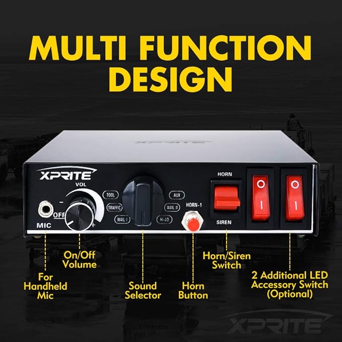Xprite 8 Tones 200 Watt Emergency Warning Siren Extra Slim Speaker PA System Kit w/Handheld Microphone & 2 Lights Control Switches
