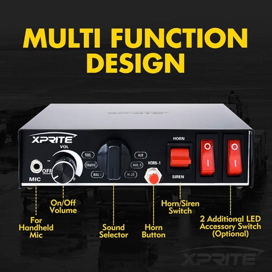 Xprite 8 Tones 200 Watt Emergency Warning Siren Extra Slim Speaker PA System Kit w/Handheld Microphone & 2 Lights Control Switches