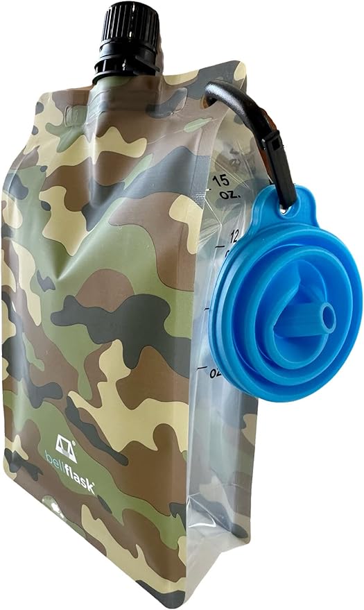 BellFlask - 15 oz. Plastic Flask, Patented, Flexible, Metal-Free, Reusuable, BPA-Free with Carabiner Clip and Filling Funnel