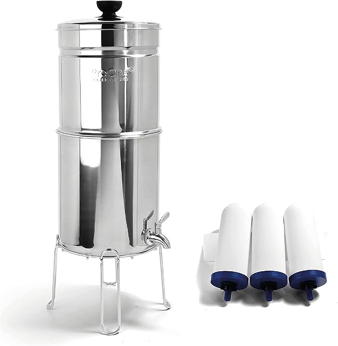 ProOne Big+ Gravity Water Filter System High Capacity Countertop Stainless Steel Water Filter Dispenser IAPMO Certified to Reduce Lead, Total PFAS, Microplastics, Chlorine Taste & Odor, 3 Pack Filter
