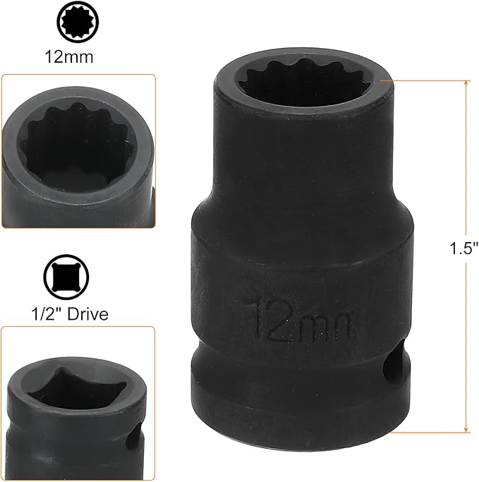 HARFINGTON 12-Point Impact Socket 1/2 Inch Drive 12mm Metric Cr-V Shallow Impact Socket Nut Driver Wrench for Auto Repair