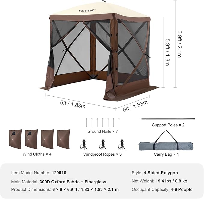 VEVOR Pop Up Gazebo Tent, Pop-Up Screen Tents 4 Sided Canopy Sun Shelter with 4 Removable Privacy Wind Cloths & Mesh Windows, 6x6FT Quick Set Screen Tent with Mosquito Netting, Brown