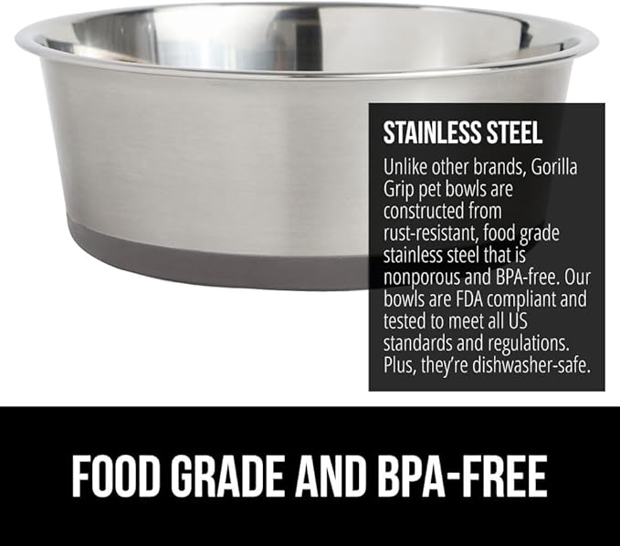 GORILLA GRIP Set of 2 Dog Bowls, Holds 8 Cups (64 fl oz), Heavy Duty Metal Food and Water Bowl for Feeding Dogs and Cats, Dishwasher Safe, Rust Resistant Stainless Steel, BPA Free Rubber Base, Gray