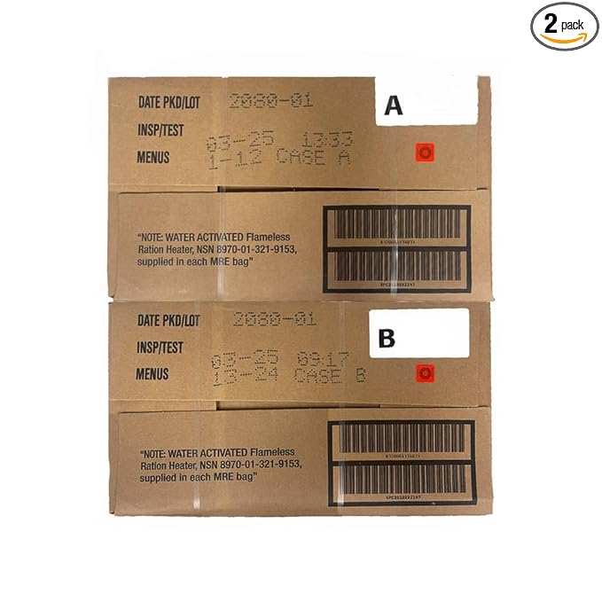 MRE Meals Ready to Eat Inspection 2025, 2026, Emergency Food Supply, Survival Camping Outdoor 12 Pack(A & B Case Bundle, 2 Count)