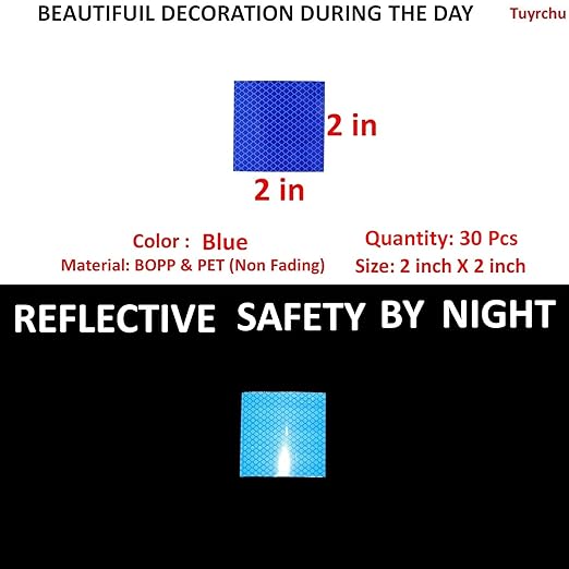 Blue Reflective Stickers 2 inch X 2 inch, Outdoor Waterproof High Visibility Warning Safety Adhesive Reflector Tape (30 Pcs)