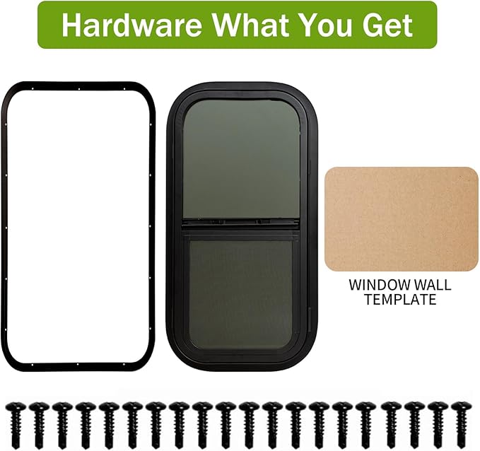 12"x24" RV Window - Vertical Sliding Teardrop Style, DOT-Certified Tempered Glass & Trim Set, Aluminum Alloy Frame w/Mesh Screen