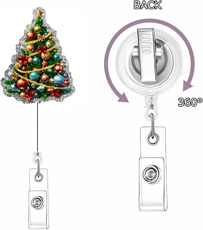 Christmas Badge Holder Cute Christmas Tree Badge Reel Retractable Acrylic Badge Reels Sparkly ID Name Tag Colorful Balls Xmas Tree Badge Clip for Nurse Student Teacher Office Decoration Party Favors
