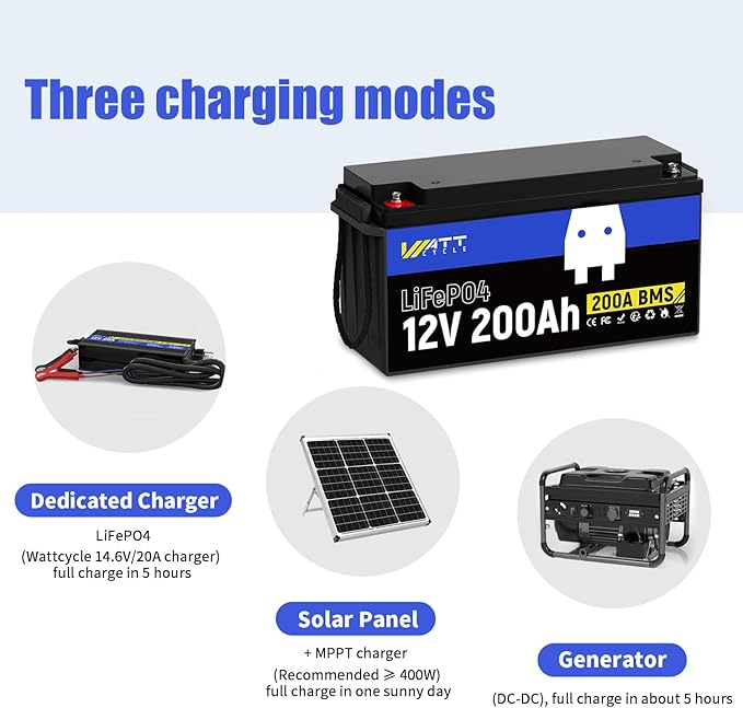 Wattcycle 12V 200Ah LiFePO4 Lithium Battery 1 Pack, Up to 15000 Cycles, Built-in 200A BMS, Low Temperature Protection, 10 Years Lifespan, Perfect for RV Outdoor Camping Home Energy Storage
