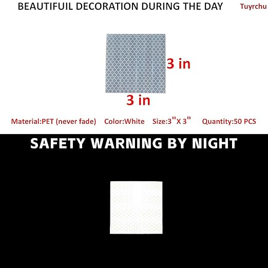 Non Fading White Reflective Stickers 3 inch X 3 inch, Outdoor Waterproof High Visibility Warning Safety Adhesive Reflector Tape (50 Pcs)
