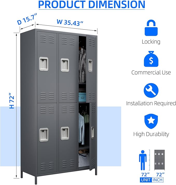 6 Doors Metal Lockers for Employees with Lock, Metal Locker with 18 Hooks for Office,Assembly Required,Dark Grey