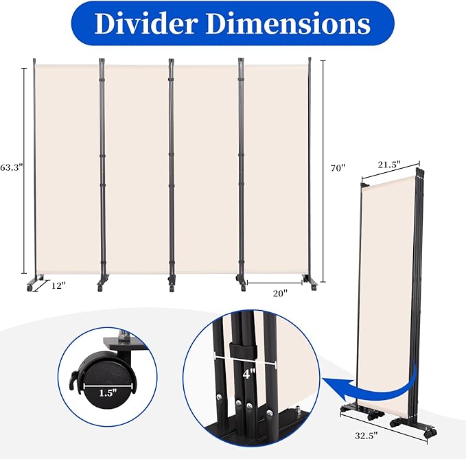 Room Divider 6FT Room Partition with Lockable Wheels, (Thicked Metal Base) Room Dividers, Freestanding Indoor Folding Privacy Screens, Portable Fabric Wall Divider for (Beige, 88"- 4 Panel)