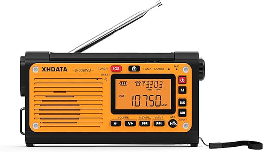 XHDATA D608WB Emergency Radio Hand Crank Weather Radio FM/AM/SW/NOAA Alert Portable Radio, Bluetooth MP3, USB/Solar/Hand Crank Charging, Flashlight, Reading Lamp and SOS Alarm