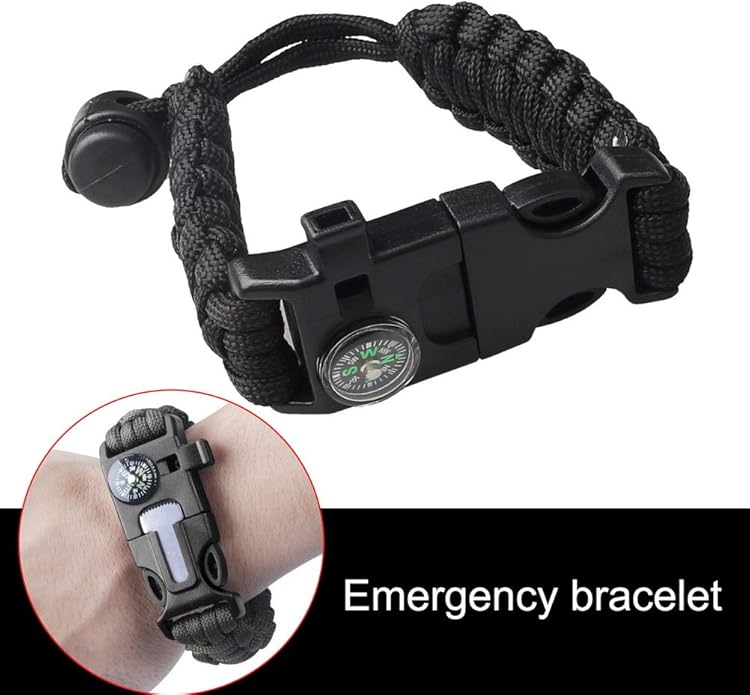 Survival Paracord Bracelet Flint Fire Starter Scraper Compass Wilderness Survival Whistle Adjustable Wristband 2Pack Black&Armygreen