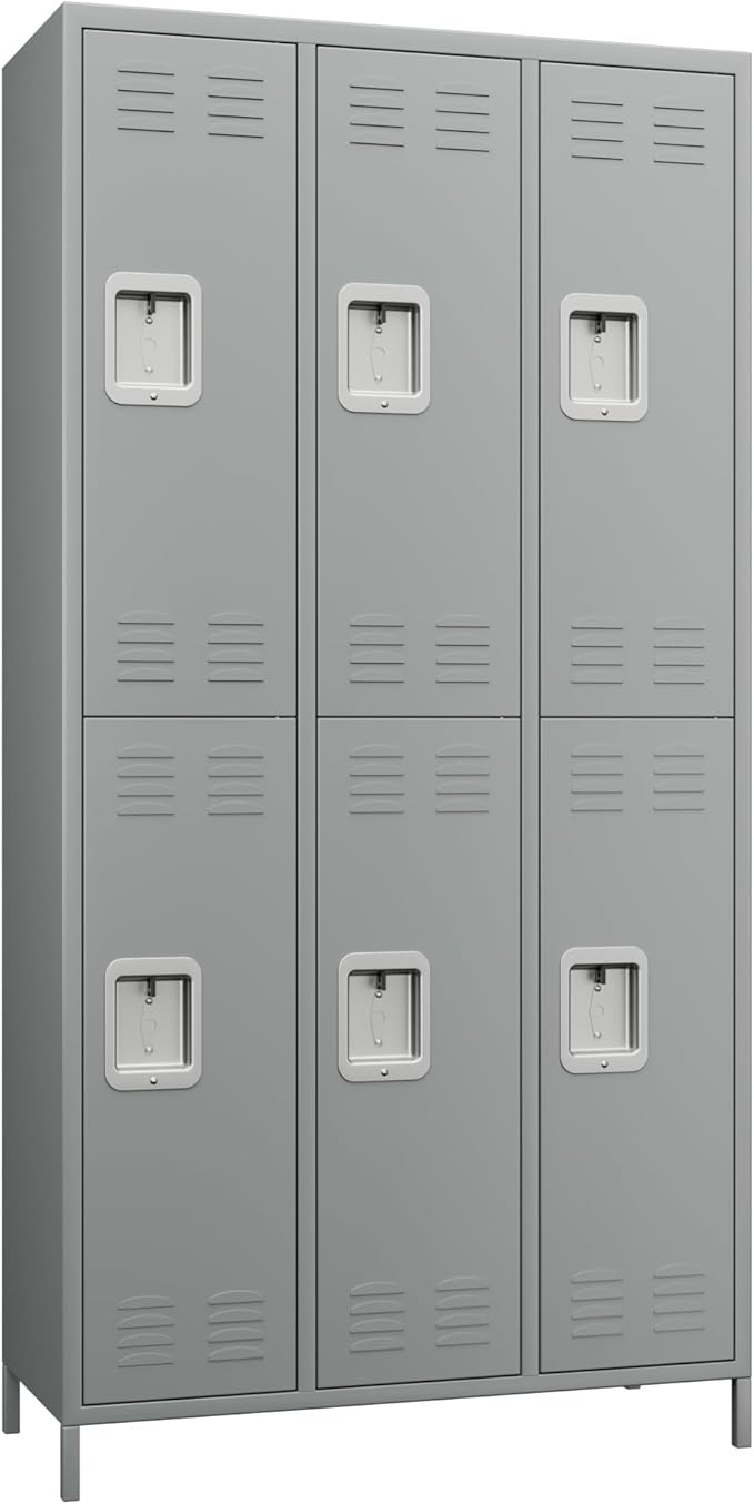 Metal Lockers with 6 Doors and 18 Hooks, 72" Tall Lockers for Employees, Home Office School Gym, Assembly Required, Light Gray