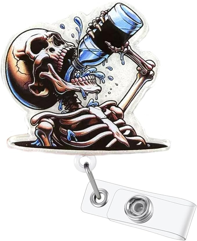 Funny Drink Water Skull Badge Reel Blue Acrylic Alligator Badge Clip Nurse Doctor Name Tag ID Card Accessories Skull Badge Holder for RN CNA LPN Nursing Medical Worker | with 24” Durable Nylon Cord