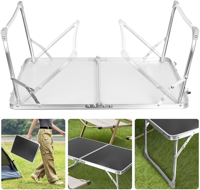 KISKIS 2 Fold Ultra Lightweight Folding Camping Tables 2Ft Portable Small Aluminum Outdoor Desk with Carry Handle, 62X42cm(24X17inch) for Picnic Travel,Black