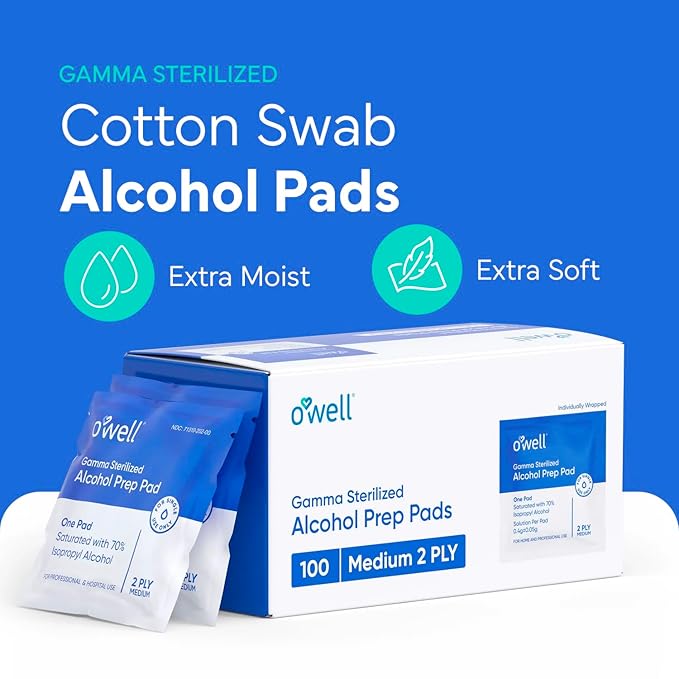 OWELL Prep Pads - 300 Individually Wrapped Sterile Alcohol Wipes, Medium 2-Ply Antiseptic Wipes for Disinfecting Skin, First Aid Kit Alcohol Swabs (3 Packs of 100 Count)
