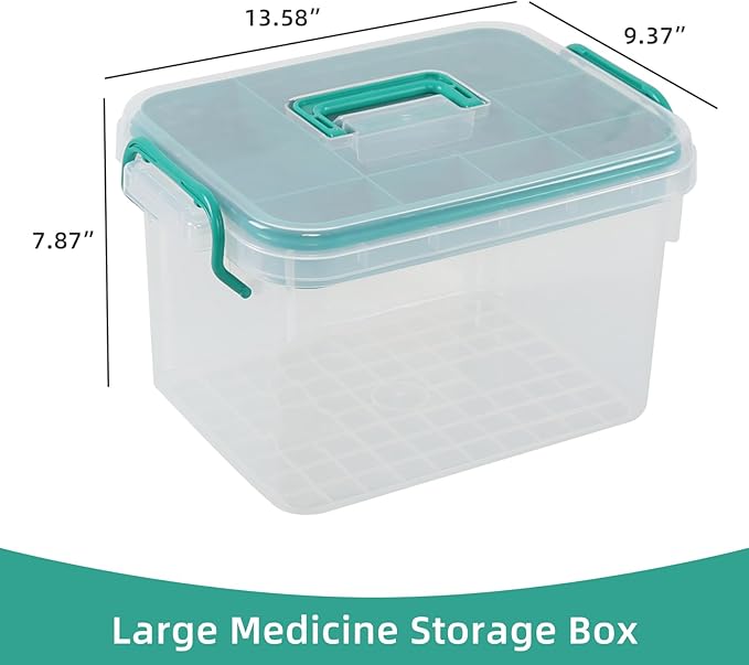 Medical Box, Plastic First Aid Storage Box, Emergency Supplies Medicine Organizer with Handle/Detachable Tray, Clear