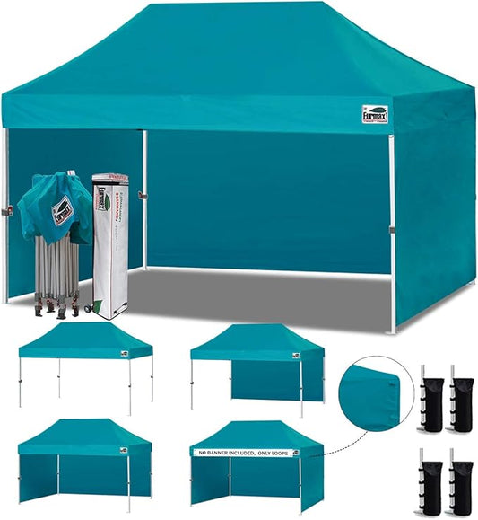 Eurmax USA 10'x15' Pop-up Canopy Tent Commercial Instant Canopies with 4 Removable Zipper End Side Walls and Roller Bag, Bonus 4 SandBags(Turquoise)