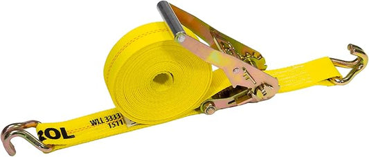 US Cargo Control 2 Inch Wide x 27 Foot Long Ratchet Strap with Wire Hooks, Yellow Tiedown Strap with Double J Hooks, Secure Cargo with Ease