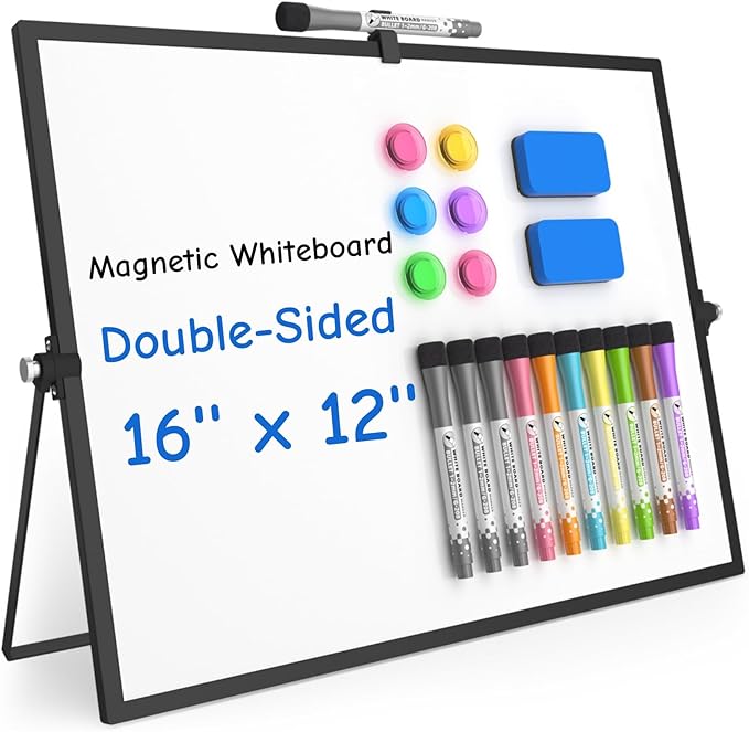 Grtard Dry Erase Magnetic White Board, 16''x12'' Double-Sided Desktop Whiteboard with Stand, Portable Small Whiteboard Set, Dry Erase Board for Drawing, ToDo, Office, Home, School(Black)