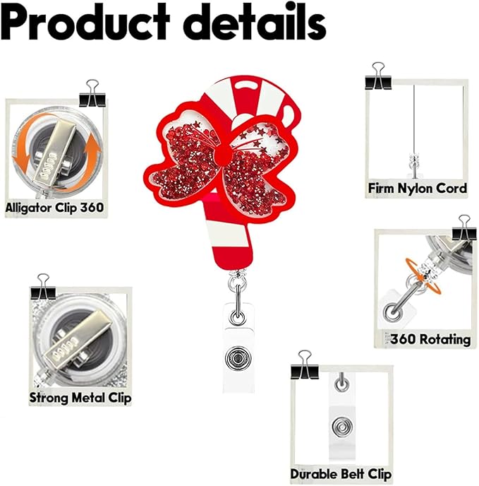 Red Christmas Cane Badge Reel Cute Candy Canes Badge Holder Retractable ID Card Clip Quicksand Sequins Badge Reels Nurse Name Tag Holder Acrylic Xmas Badge Reel Clip for Doctor Student Teacher Office