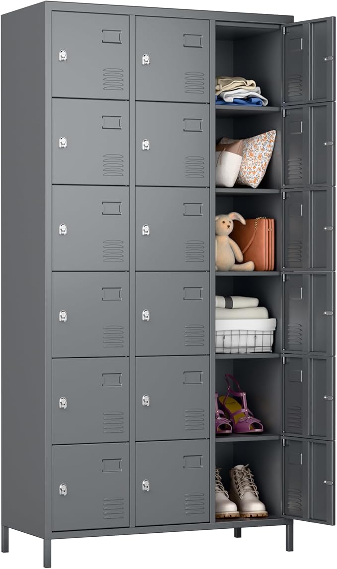 Metal Lockers for Employees, Locker Storage Cabinet with 18 Doors for Office Gym School Bedroom, Assembly Required, Dark Grey,18 Doors