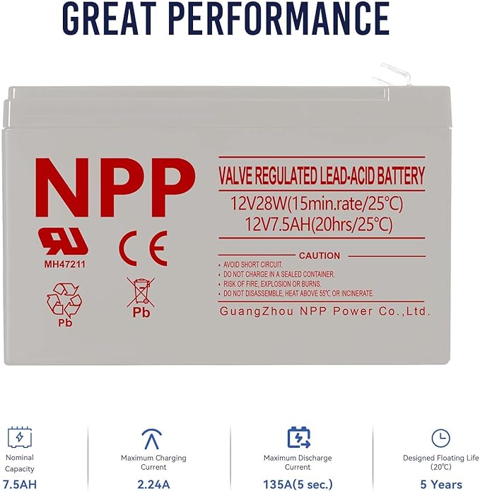 NPP HR1228W 12V 7.5Ah Rechargeable AGM Battery, 168Watts 28Watt/Cell F2 Terminal AGM Sealed Lead Acid UPS Batteries, 12Volt 7Ah 8Ah Alarm Emergency Light Flame Retardant High Rate Replacement (2Pcs)